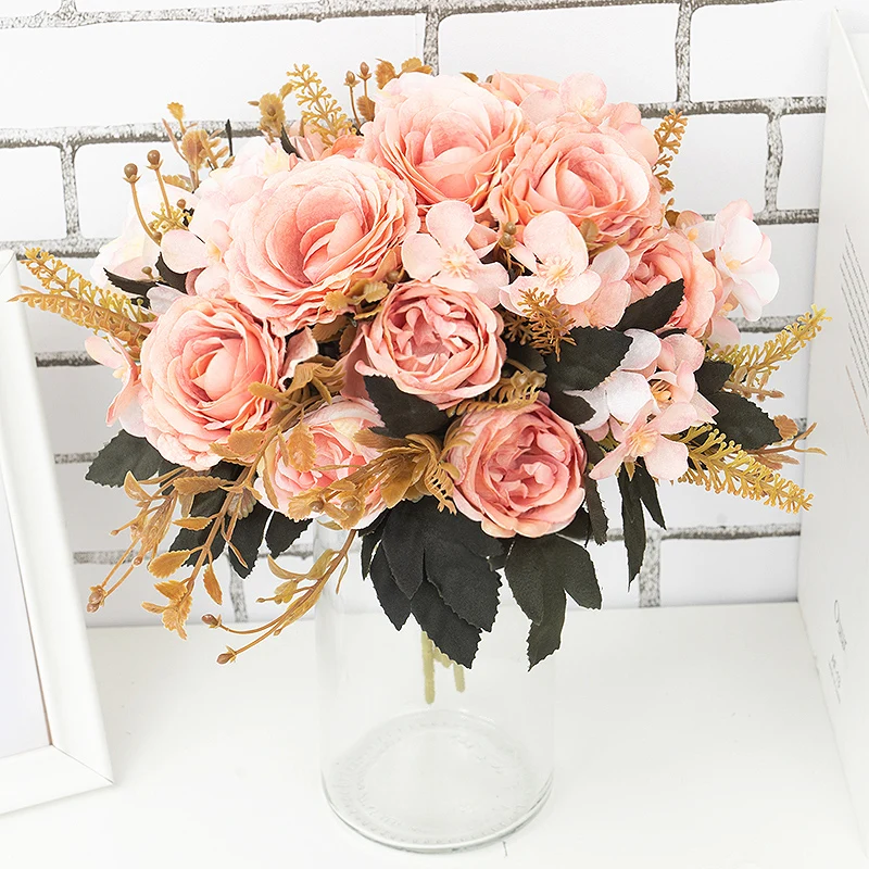 

Autumn Pink Artificial Peony Flowers Retro Silk Rose Bouquet for Home Christmas Wedding Party Decoration Fake Flower Accessories