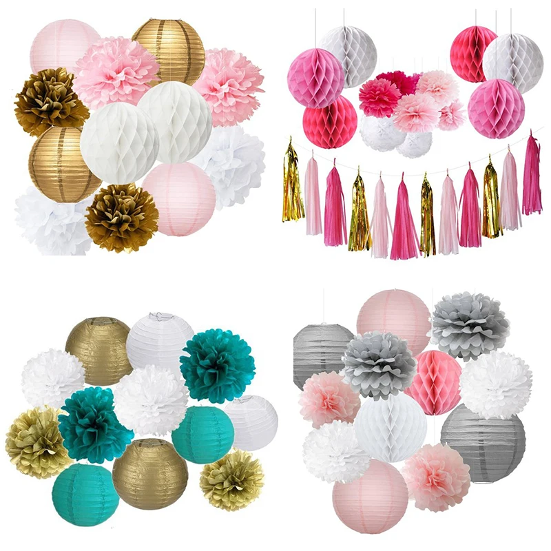 

12pcs/set Mixed Paper Pom Poms Paper Honeycomb Ball Hanging Paper Lantern Wedding Birthday Decor DIY Baby Shows Party Supplies