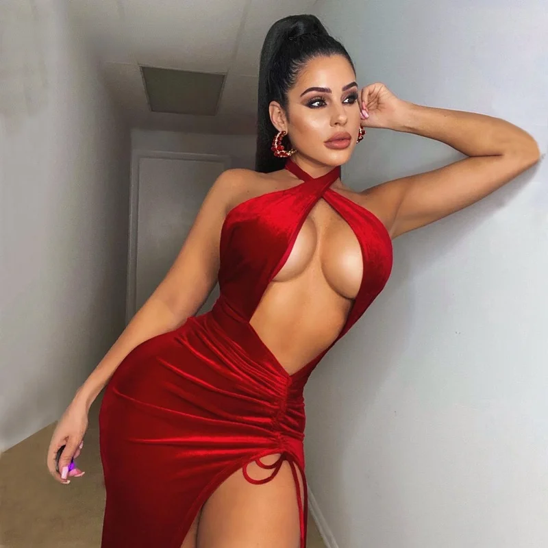 

2021 Sexy Hollowed Out Backless Party Night Club Birthday Dresses for Women Red Black Velvet High Split Midi Dress