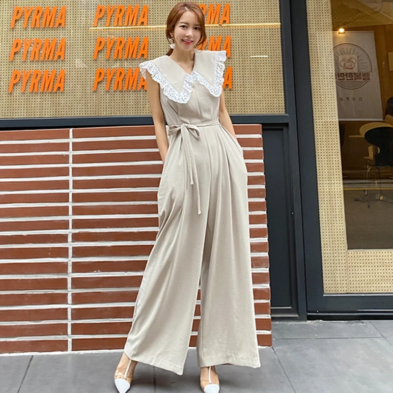 

Rompers 2020 Summer new Women Casual sashes Slim Jumpsuit Hit color Turn-down collar Sleeveless Playsuit Trousers Overalls