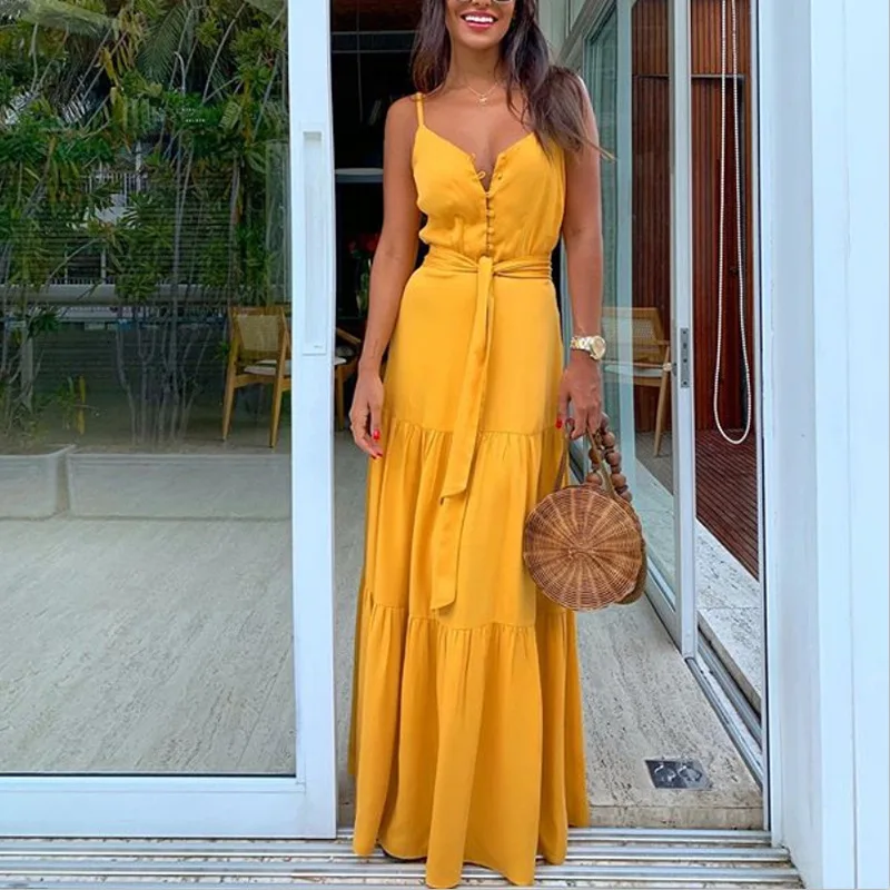 

Women Summer Spaghetti strap Single Breasted Patchwork Solid color maxi dress Beach Vacation Dress
