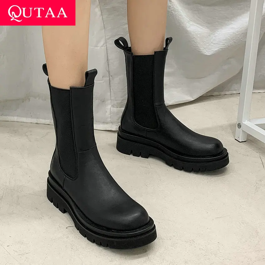 

QUTAA 2021 PU Leather Platform Ankle Boots Round Toe Casual Women Shoes Square High Heel Concise Short Boots Big Size 34-42
