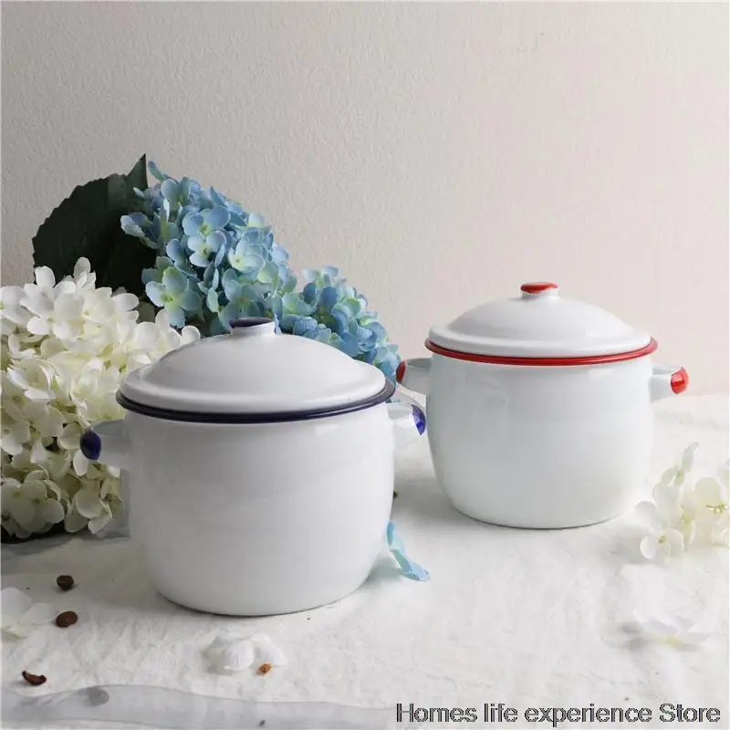 

13cm Enamel Small Stew Pots Double Ears With Lid Stew Cup Bird's Nest Steamed Egg Noodles Bowl Storage Tank Oil Tank For Kitchen
