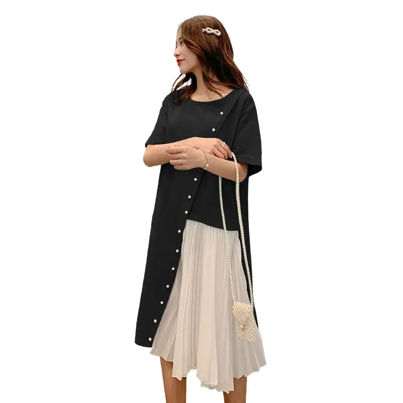 

Womens Dress Maternity Mother Dress Short-Sleeved Beaded Stitching Chiffon Maternity Dress Black and White Patchwork Summer Tops