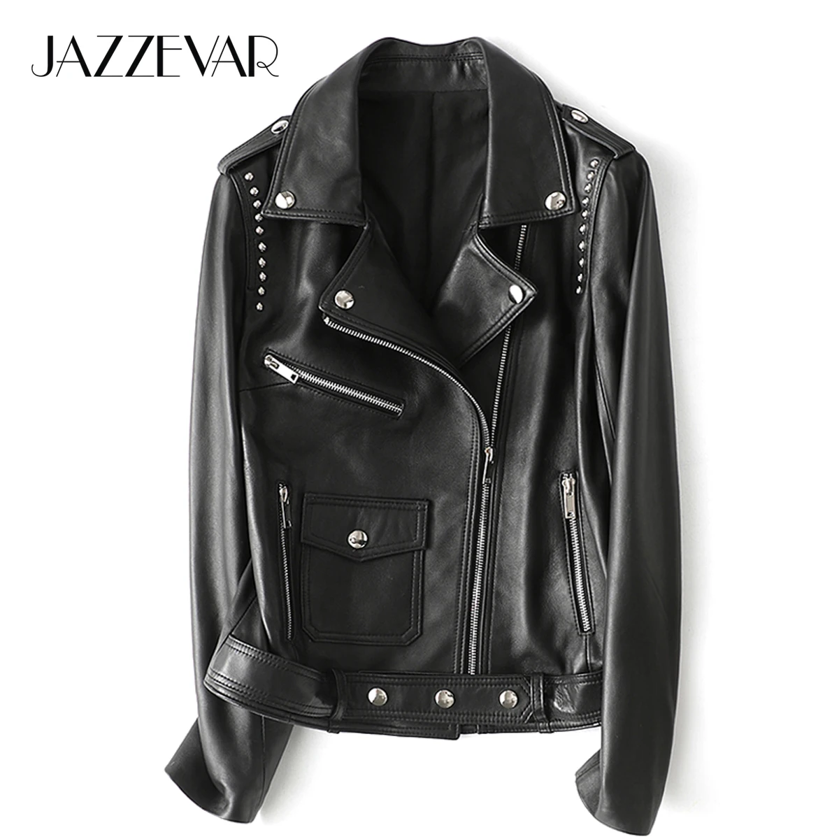 JAZZEVAR 2023 New High Fashion Street Women Real Sheep Skin Leather Jacket Black Rivet Genuine Leather short Motorcycle Jackets