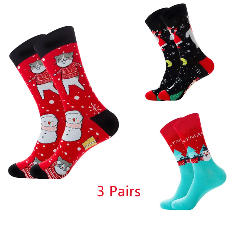 

3 Pack Of Red Elk Happy Cat Christmas Socks Candy Santa Claus Snowman Christmas Tree Snowflake Men'S Socks With US Size 7-12