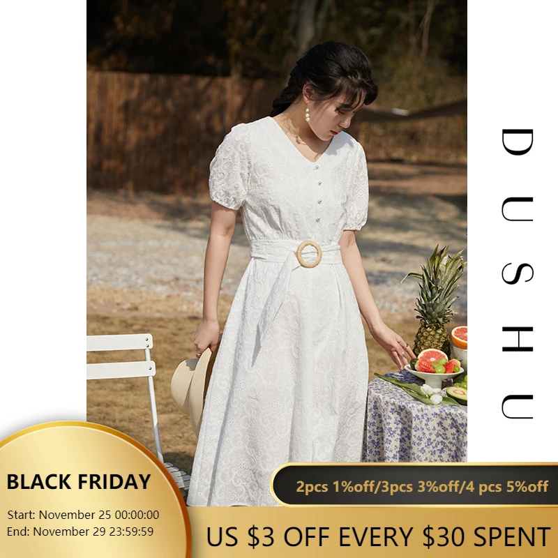 

DUSHU Plus Size Long White Lace Dress Women Short Sleeve Belt Summer Vintage Dress V Neck Sexy Slim Elegant Dress Female 2021