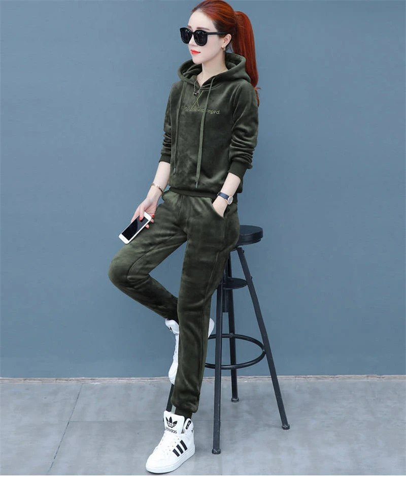 Matching Sets Autumn Plus Size Casual Loose Velvet Tracksuits 2 Pieces Set Women High Elastic Hooded Sweatshirts And Harem Pants