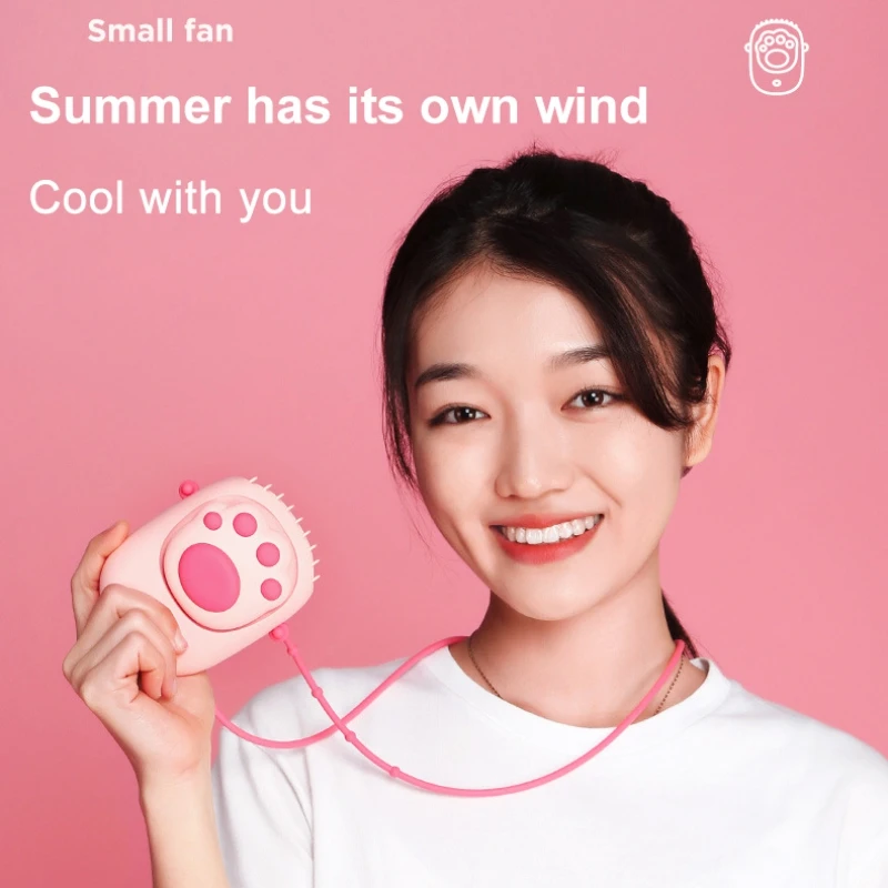 

Cartoon Handheld USB Small Fan No-Mini Desktop Stent Fan Built-in 1500mah Battery Bear Paw Cute Small Portable Hanging Neck Fa