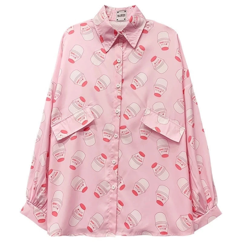 

2021 Long sleeve Shirt Women White Turn Down Collar Cute Loose Button Up Shirt Oversized Tops cartoon sweet girls kawaii clothes