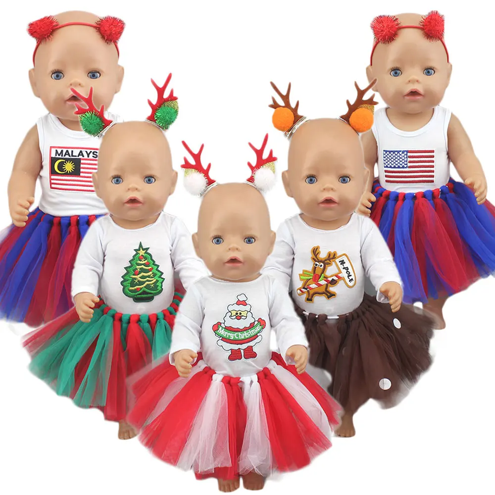 

Комплект из юбки и аксессуаров, милая Рождественская Радужная юбка, плетеная вручную, для кукол-младенцев 43 см, 17 дюймов