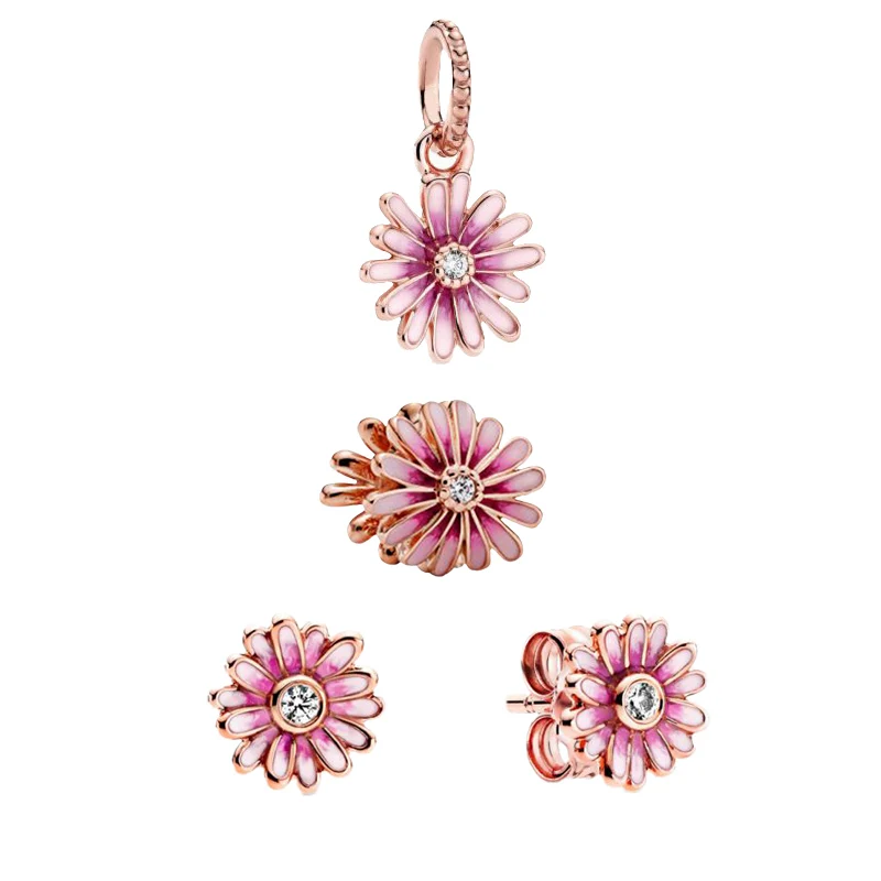 

Rose Pink Daisy Flower Trio Ring Earring Pendant Charm