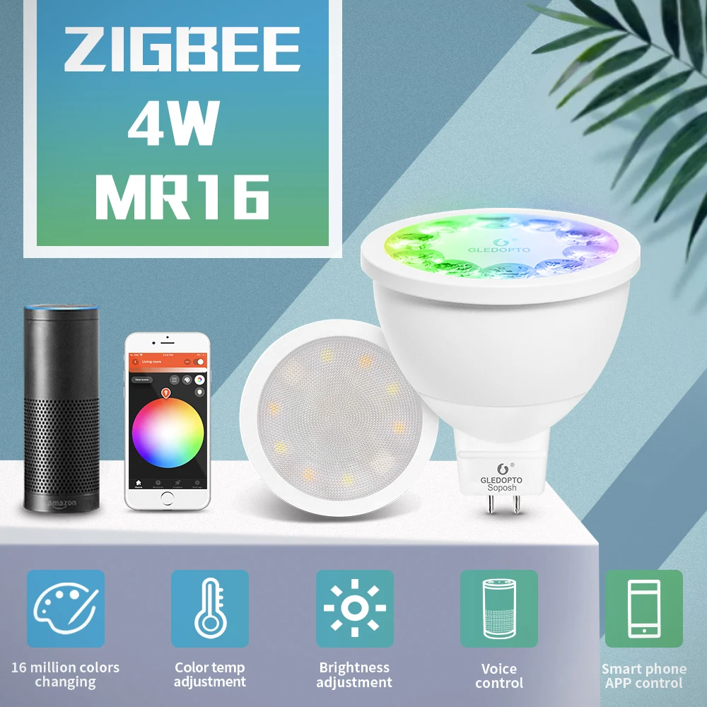 

GLEDOPTO ZIGBEE LED MR16 4W RGB+CCT spotlight ww/cw 2700-6500k DC12V warm white work with zigbeeZLL 3.0 gateway Amazon echo plus