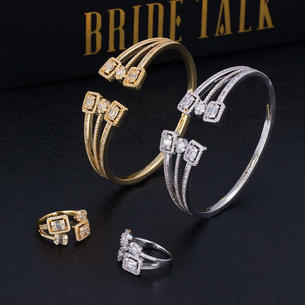 

Luxury Micro Paved Baguette Cubic Zirconia Adjustable Bangle Ring Sets Factory Wholesale Jewelry Ladies Bangles
