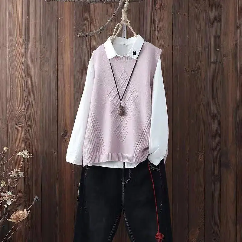 

Round neck knitted waistcoat women's college style pullover waistcoat spring and autumn new woolen vest Korean loose sweater