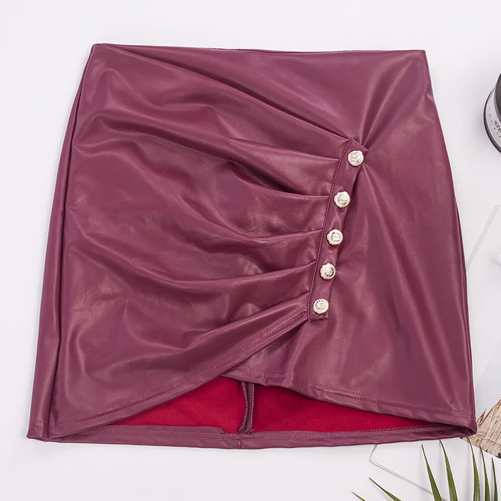 

Sexy Summer Casual Fashion Women Mini Skirt Solid Buttons Zipper Fold Slim Short Leatherwear Skirt Party Night Club Skirt L0103