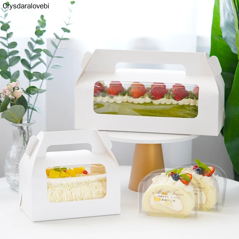 

10pcs Handle Cake Packing Boxes Towel Roll Swiss Roll Birthday Party Farvor Handmake Gift With Transparent Window