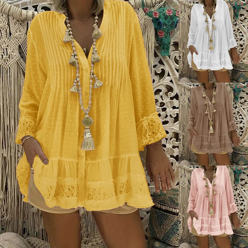 

Women V Neck Chiffon Blouse Autumn Spring Long Sleeve Shirts Pleated Loose Polka Dot Solid Blouses Tops Vestido Plus Size