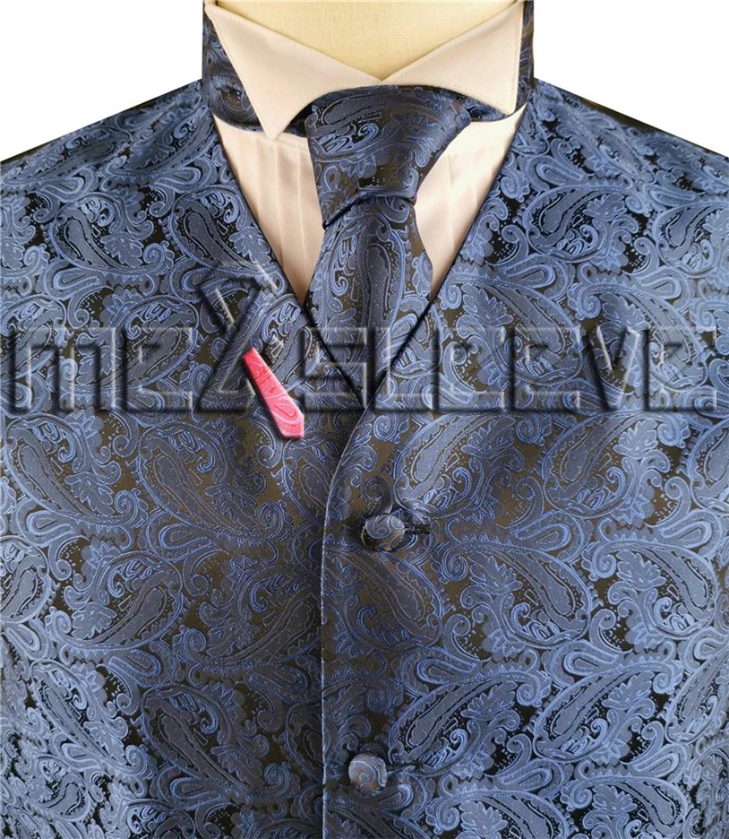 Жаккардовый Пейсли жилет с галстуком+ платок - Цвет: light navy