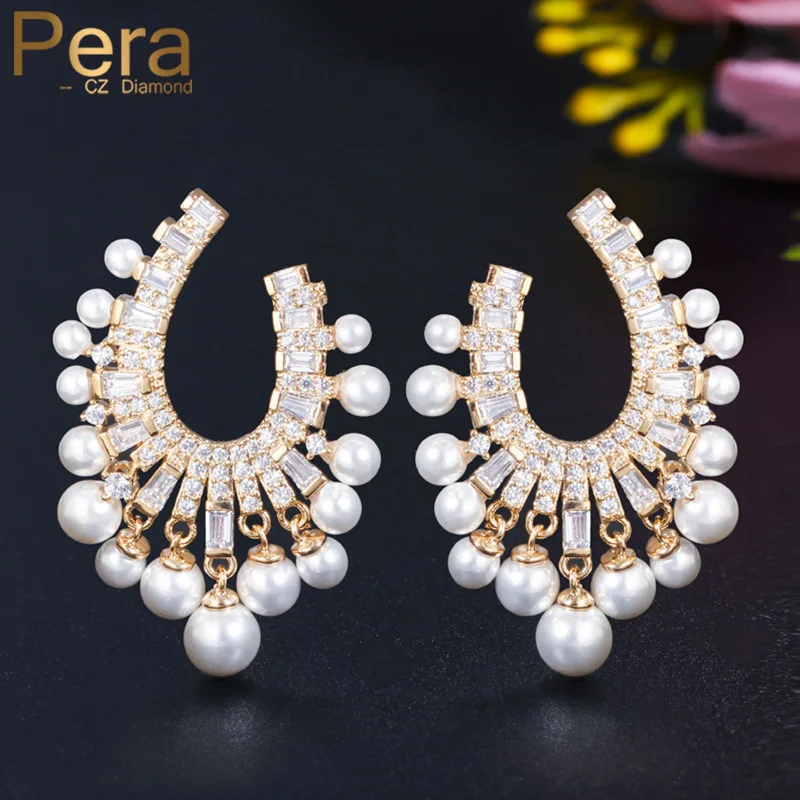 

Pera Famous Design White Pearl Cubic Zirconia Yellow Gold Color Long Dangle Drop Earrings for Bridal Wedding Party Jewelry E546
