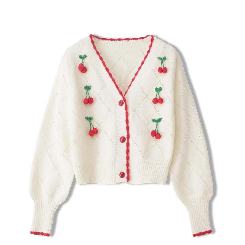 

Sweet High-waist Cherry Embroidered V-neck Sweater Women Tops Spring Fall Short Knitted Cardigans Outerwear Sweaters TA3196