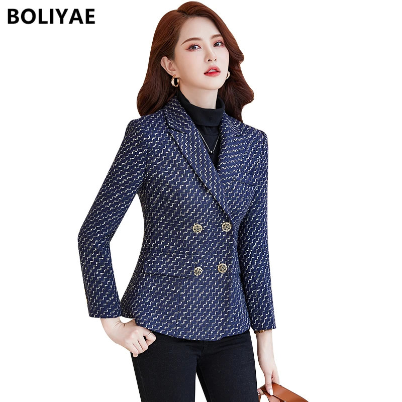 Boliyae Women Suits Coat Autumn Winter Elegant Blazers Female Slim Long Sleeve Office Jackets Tweed Stripe Outerwear Chic Tops