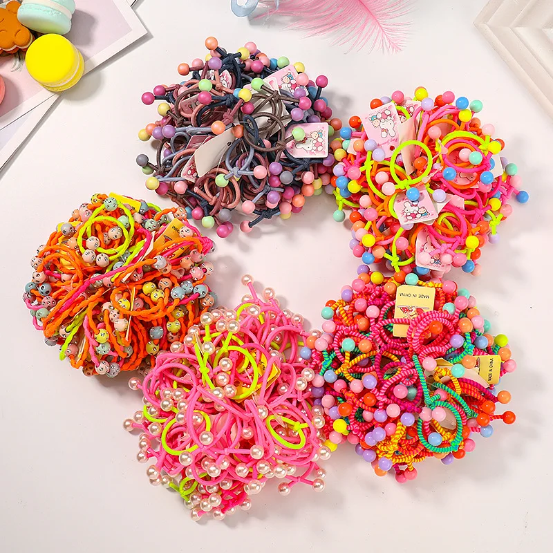 8PC/10PC/20PC  lovely Korea Color Pearl Children Nylon Girl Hair Rope HeadWear Children's series Candy Color Beaded Hair Circle