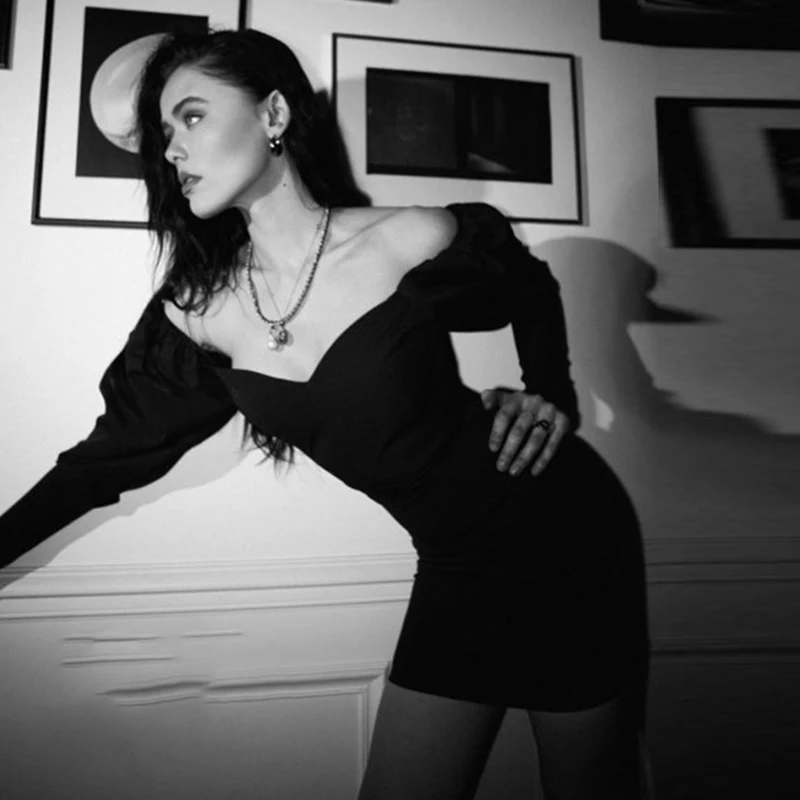 

Женское вечернее платье с открытыми плечами, однотонное элегантное облегающее платье с пышными рукавами, 2021