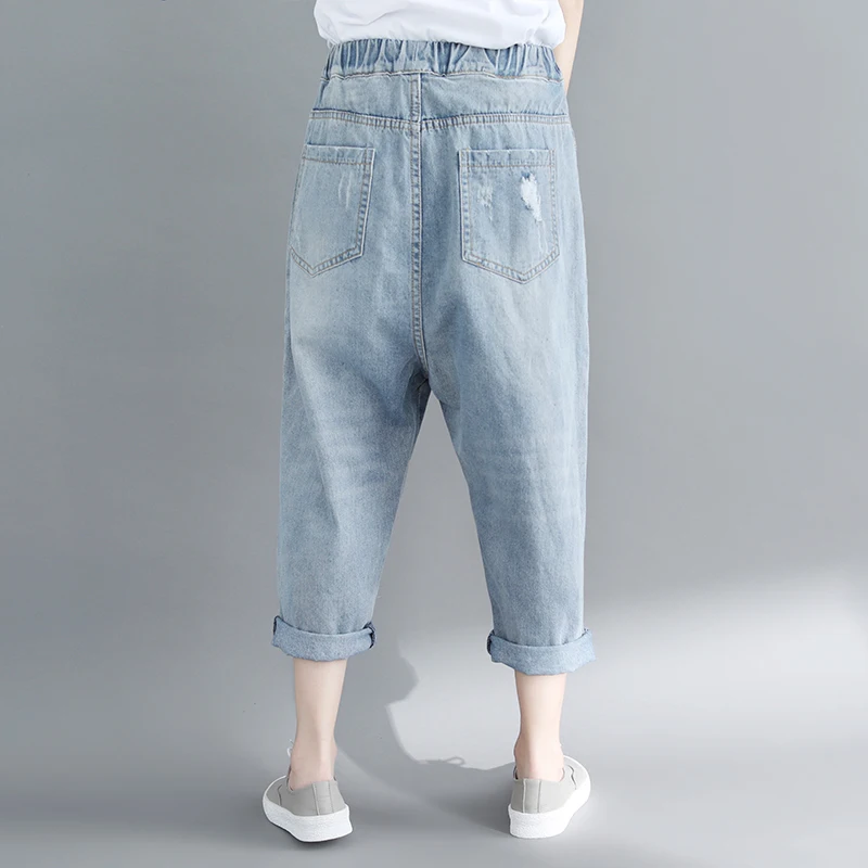 

Summer Jeans For Women High Waist Hole New Fashion Simple Casual Loose Cool Soft Cuffs Pockets Elastic Female Denim Harem Pants