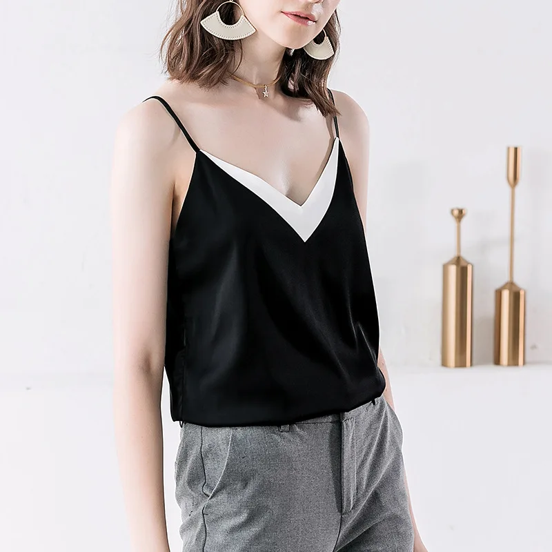 

White Round Neck Hollow Out Satin Camis Slim Spaghetti Strap Patchwork Korean Tank Top Sexy Summer Ladies Casual Sleeveless Tank