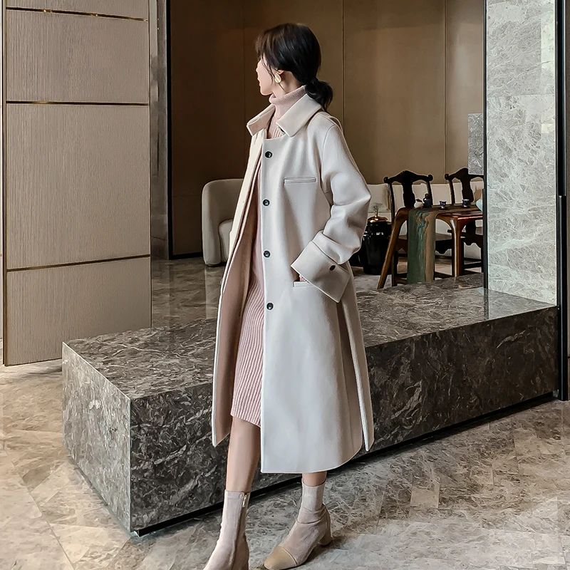 

New Wool Blend new Coat Women Long Sleeve Collar Outwear Long Jacket Korean Casual Autumn Winter Elegant Overcoat Woolen Coat