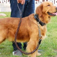 large dog collar leash set leather braided no pull adjustable shepherd bulldog labrador gold retriever medium big pet dogs leads