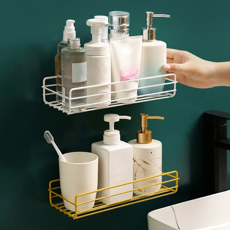 

Bathroom Shelves Stainless Steel Shower Gel Adhesive Shampoo Holder Kitchen Wall Storage Rack Organiser Towel Basket Shelf Hooks