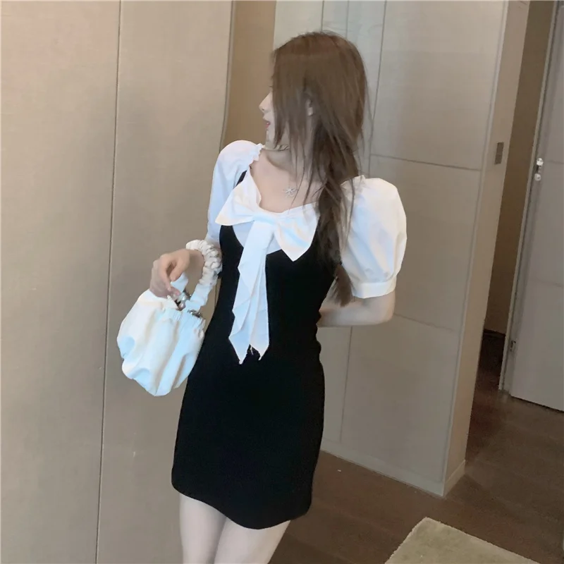 

COIGARSAM Women One Piece Korea Dress Vintage Bow Square Collar High Waist Color Matching Dresses Robe Traf