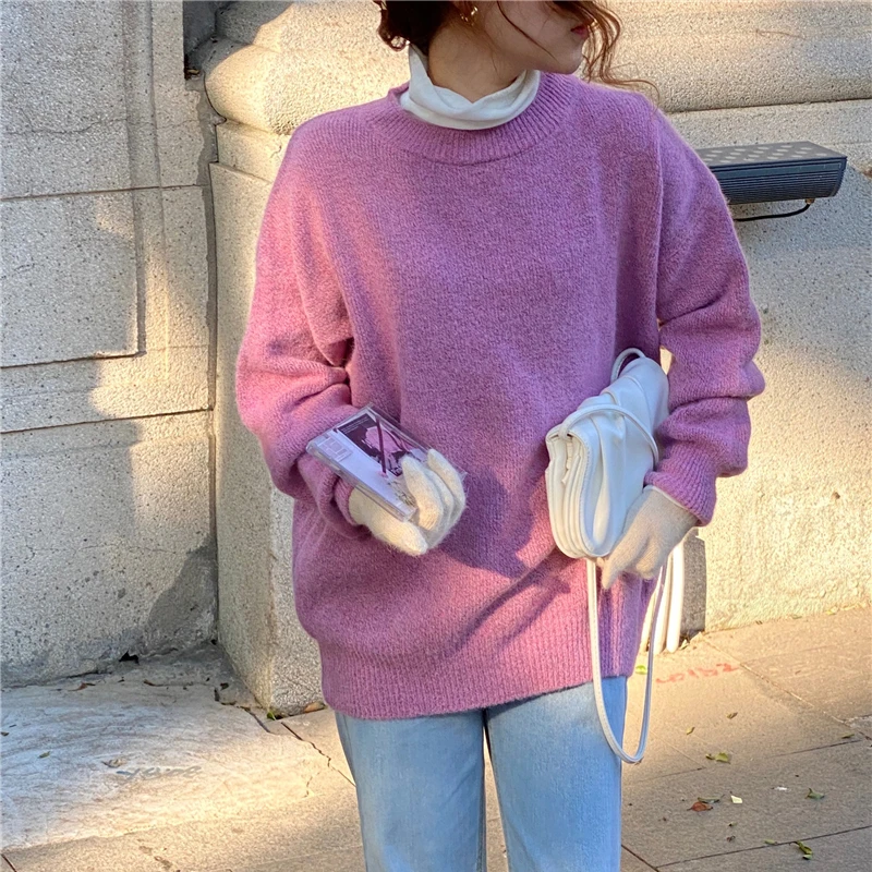 

Comelsexy 2021 New Spring Women Sweaters Thick Tops Pullovers Sweet Lazy Retro Chic O-neck Knitted Solid Elegant Loose Casual