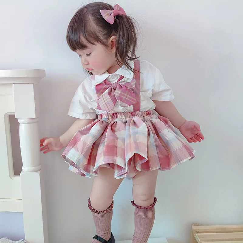 

Spring and Autumn Girls Back Skirt 2021 New English Pink Plaid Sling Skirt College Wind Baby Girl Jk Skirt Uniform 1 To 6 T