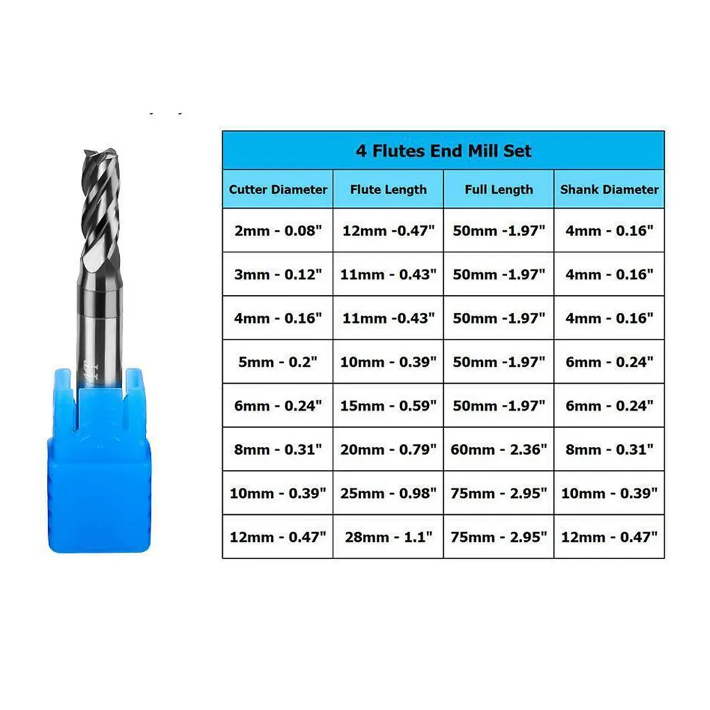 

8pcs 4Flutes Tungsten Carbide End Mill Set Milling Cutter Tool 2mm-12mm 45 Degree Be Aluminum Milling Tool Key Seater Router Bit