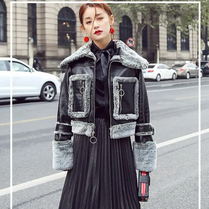 2019 зима корейский крокодил узор из искусственной кожи свободный мех ягненка шуба