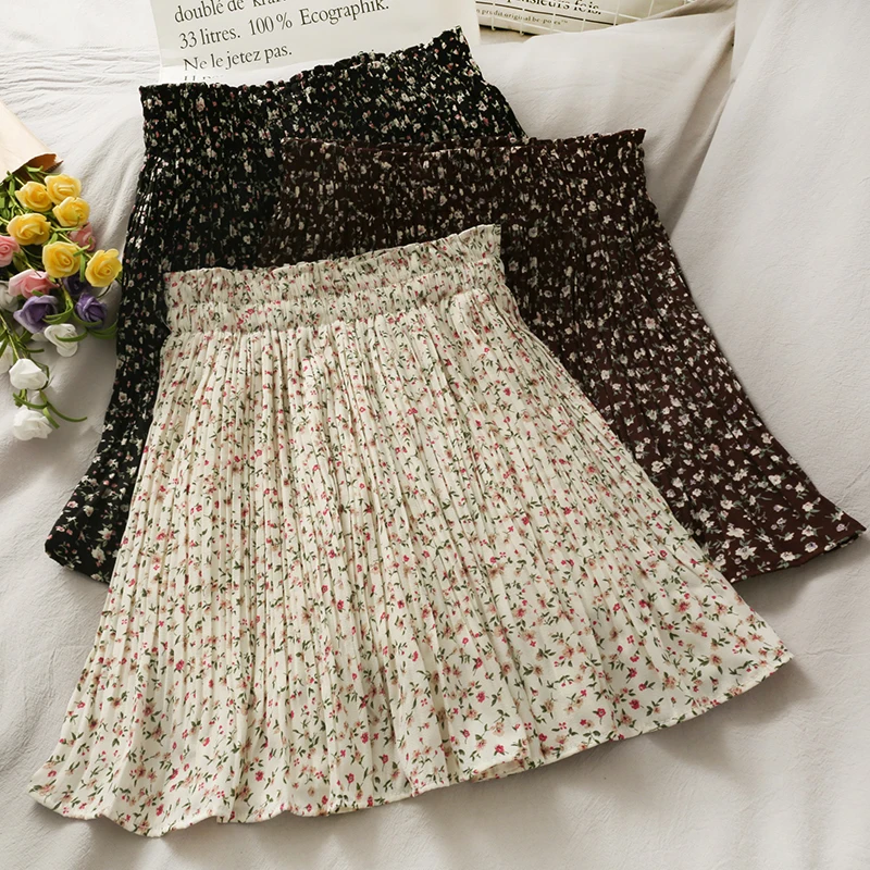 

Retro Floral High Waist Thin A-line Short Skirt Women's 2021 Spring and Summer Short Pleated Casual Skirt Mini Skirt