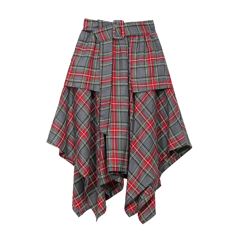 

2020 Hong Kong Style Retro Big Swing Mid-length A-line Skirt Irregular Plaid High Waist Skirt Women
