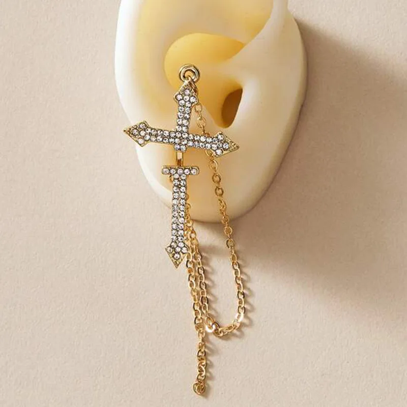 

Cross With Chain Fashion Earrings Female Creative Micro-Studded Front and Back Hanging Single Earring Jewelry For Women Girls