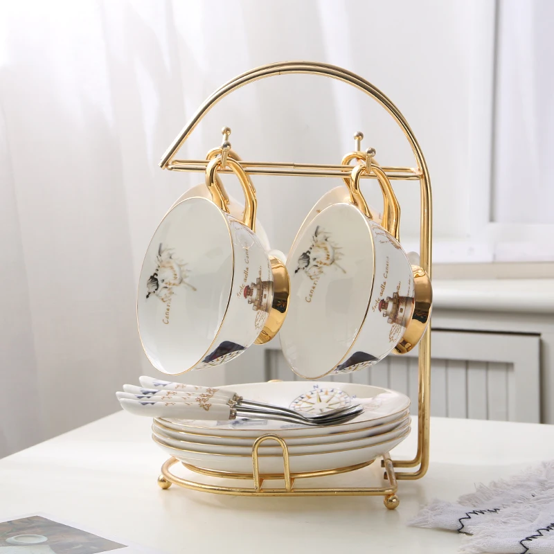 4Cups n Holder Ретро штамп костяной фарфор чайная чашка блюдце ложка набор 200 мл Европейская Современная фарфоровая кофейная чашка кафе керамическая чайная чашка Прямая поставка - Цвет: 4Cups n Holder
