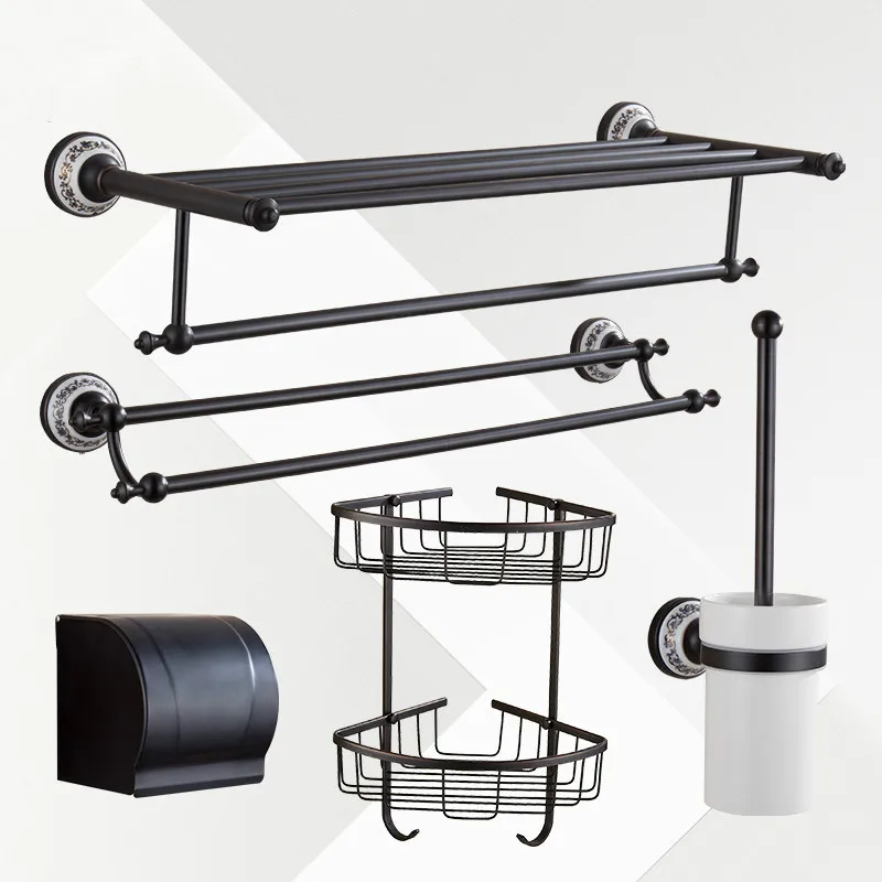 

Black Bathroom Accessories Brass Toilet Paper Holder Luxury Towel Bar China Style Ceramics Hardware Kit Bath Accessories Set