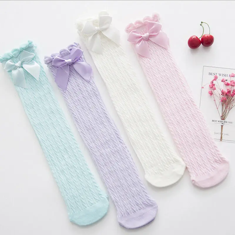 

Goocheer New Newborn Infant Baby Girl Knee Stocking Cotton Breathable Summer Solid Bowknot Fish Net Long Stockings 28cm 38cm