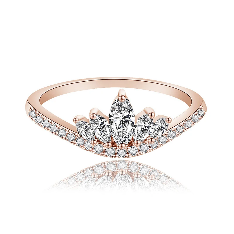 Simple Luxury Rose Gold Rings For Women Charming Female Crystal Ring Jewelry Romantic Elegant Ladies Crown Girls Gifts | Украшения и