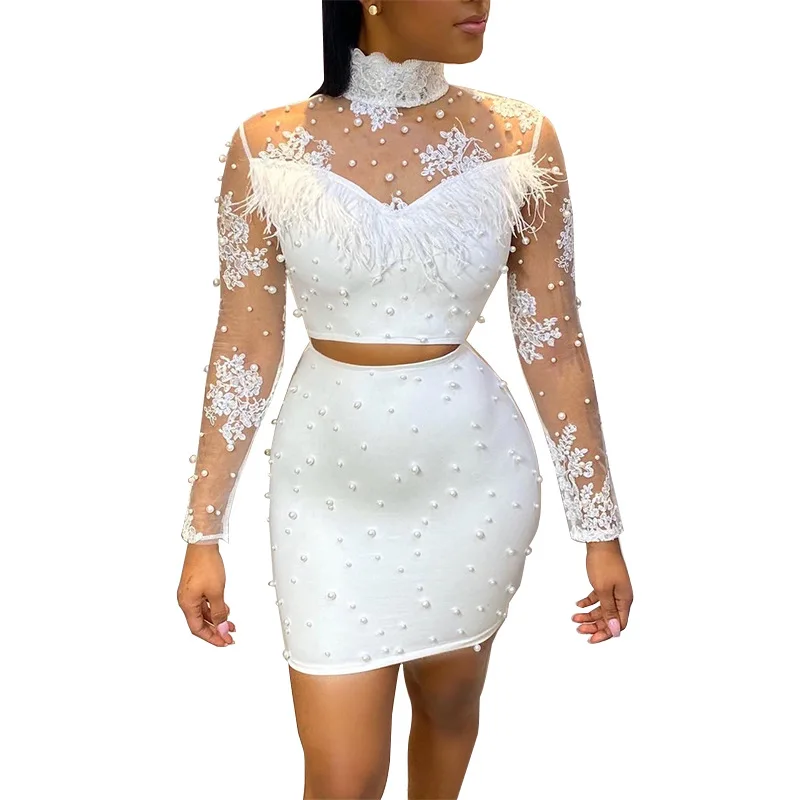 Женский комплект из двух предметов с высоким воротом Adogirl сетчатые топы перьями и