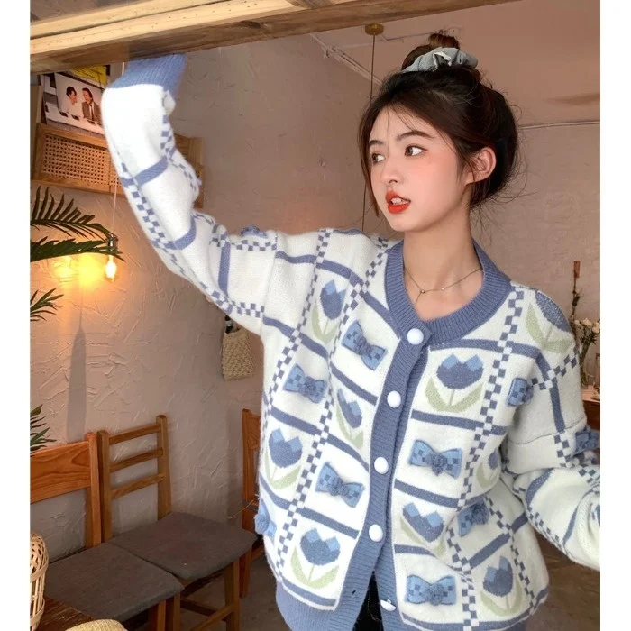 Женский трикотажный кардиган с трехмерным бантом и круглым вырезом повседневный