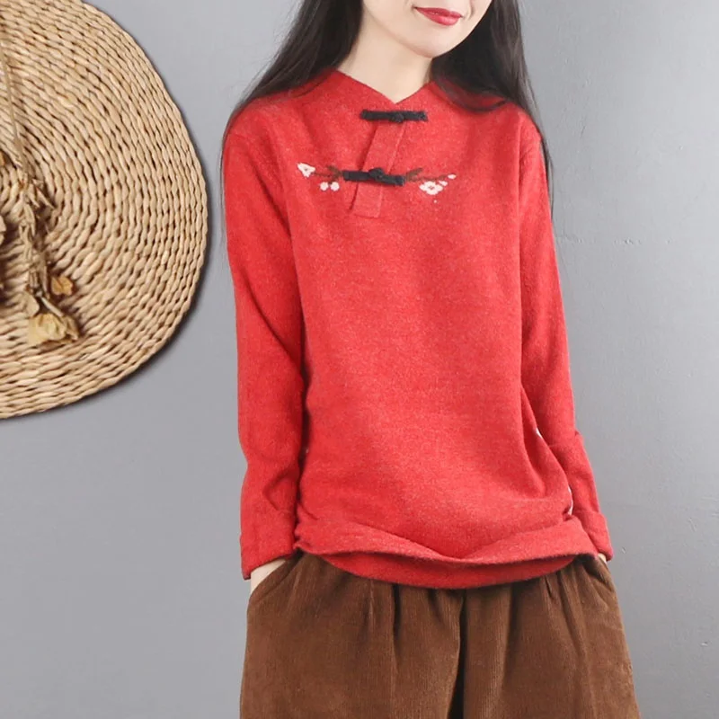 

Traditional Chinese Style Clothing Women Blouses 2021 Autumn Winter Cheongsam Sweater Women Simple Ladies Chinese Tops FF3028