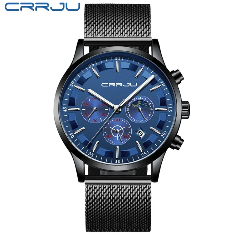 M Black Blue CRRJU мужские часы Топ бренд Роскошные Модные Бизнес Кварцевые часы мужские спортивные полностью стальные водонепроницаемые черные часы Relogio Masculino - Цвет: M Black Blue