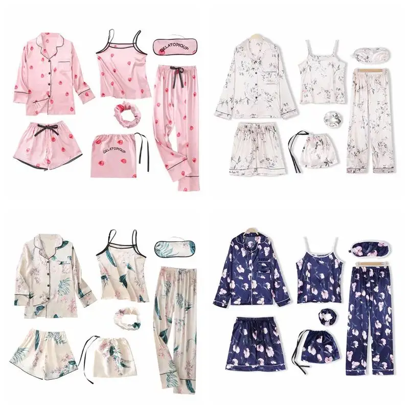 

UVRCOS Spring Summer Autumn Homewear Pink Women's 7 Pieces Pajamas Sets Faux Silk Striped Pyjama Women Sleepwear Sets Silk Suit